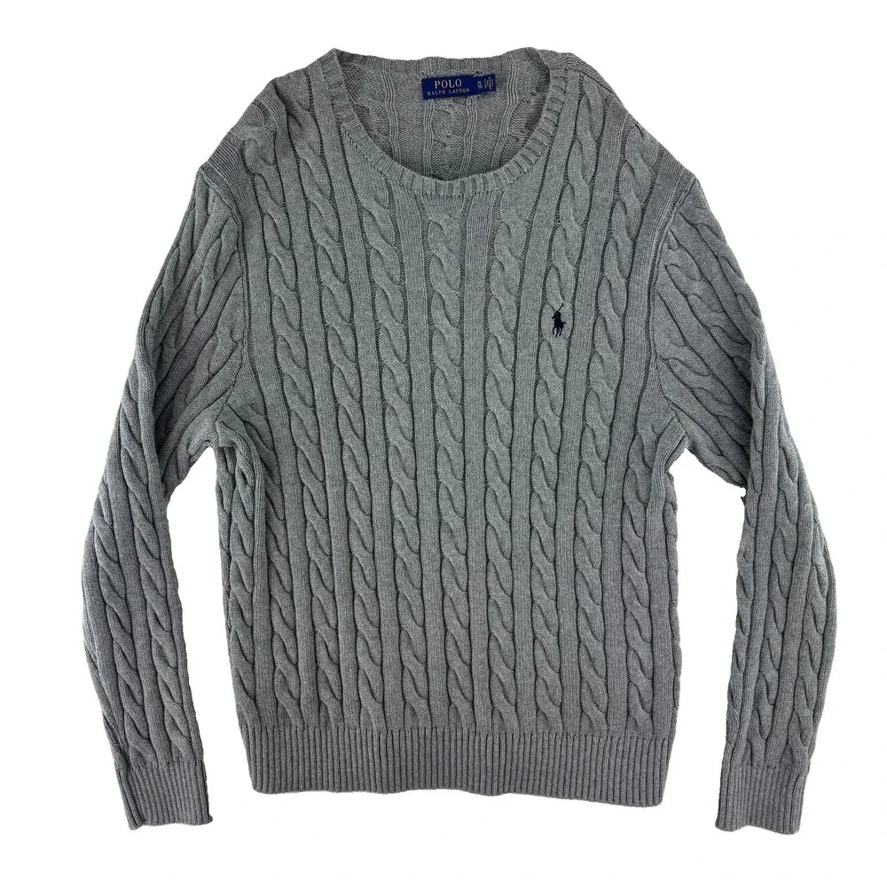Polo Ralph Lauren Cable Knit Crewneck Sweater Mens XL Gray Cotton